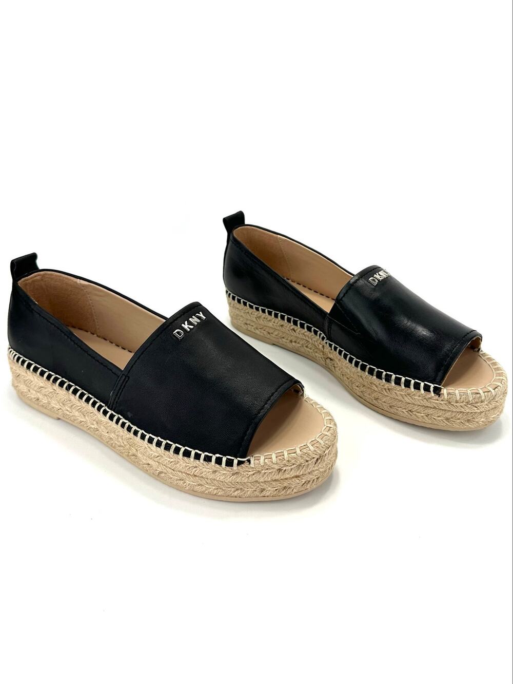 DKNY Mer Platform Espadrille Sandal/Flats Sz 11/42.5 Black Leather Open-Toe New